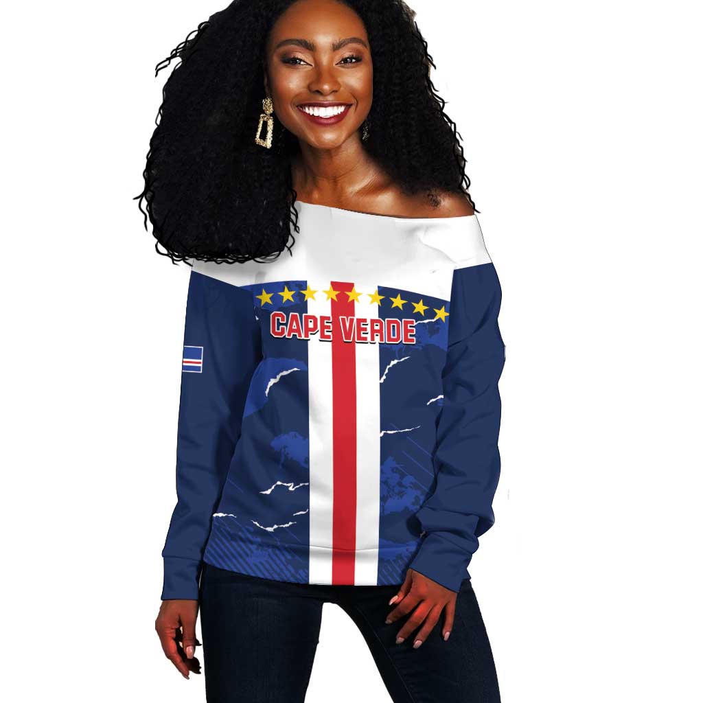 Custom Cape Verde Football Off Shoulder Sweater Blue Sharks Sporty LT14