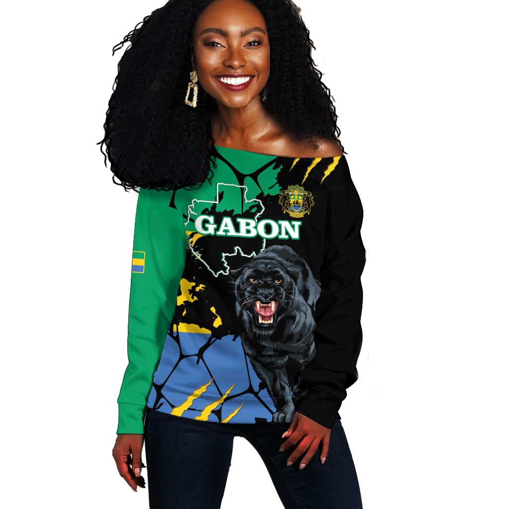 Personalized Gabon Black Panther Off Shoulder Sweater Gabonese Map Grunge Style LT14