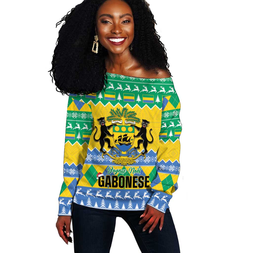 Afro Gabon Christmas Off Shoulder Sweater Joyeux Noel Coat Of Arms - African Pattern LT14