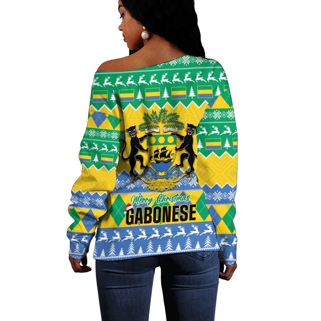 Afro Gabon Christmas Off Shoulder Sweater Joyeux Noel Coat Of Arms - African Pattern LT14