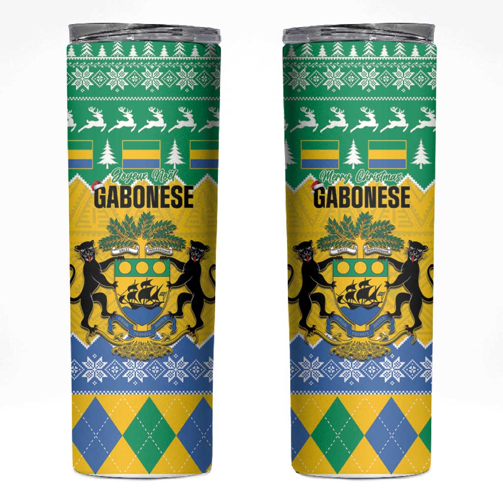 Afro Gabon Christmas Skinny Tumbler Joyeux Noel Coat Of Arms - African Pattern LT14