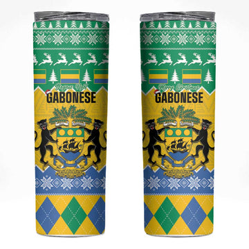 Afro Gabon Christmas Skinny Tumbler Joyeux Noel Coat Of Arms - African Pattern LT14