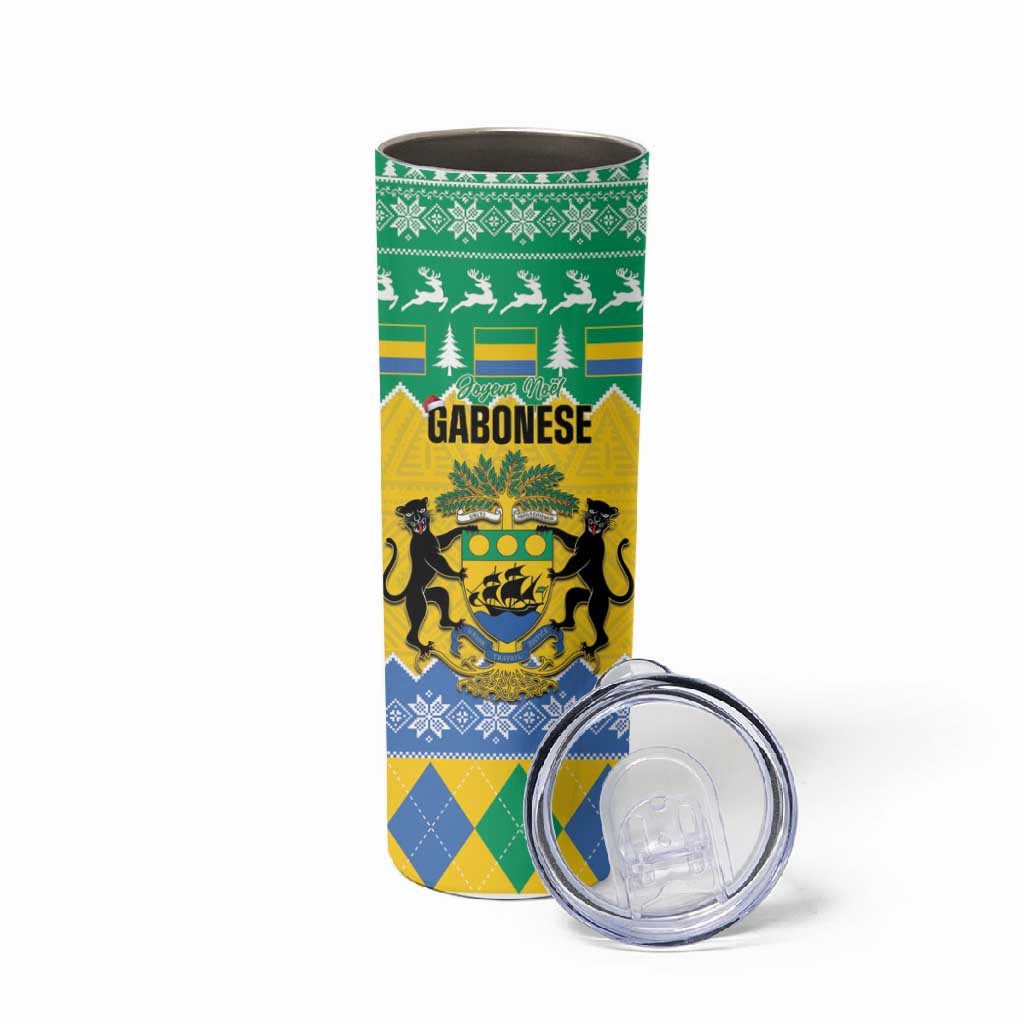 Afro Gabon Christmas Skinny Tumbler Joyeux Noel Coat Of Arms - African Pattern LT14