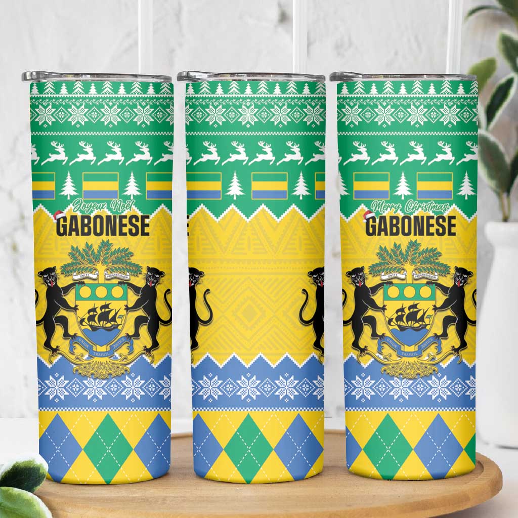Afro Gabon Christmas Skinny Tumbler Joyeux Noel Coat Of Arms - African Pattern LT14