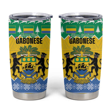 Afro Gabon Christmas Tumbler Cup Joyeux Noel Coat Of Arms - African Pattern LT14