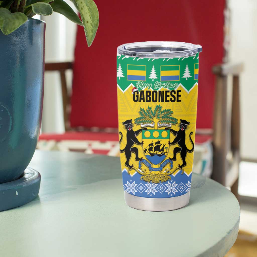 Afro Gabon Christmas Tumbler Cup Joyeux Noel Coat Of Arms - African Pattern LT14