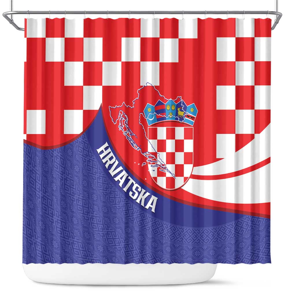 Croatia National Day Shower Curtain Hrvatska Checkerboard With Slavic Pattern LT14