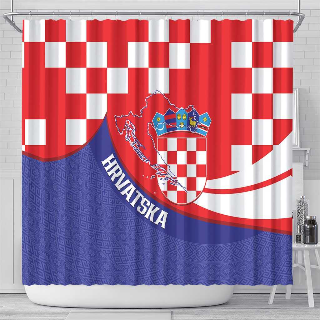 Croatia National Day Shower Curtain Hrvatska Checkerboard With Slavic Pattern LT14