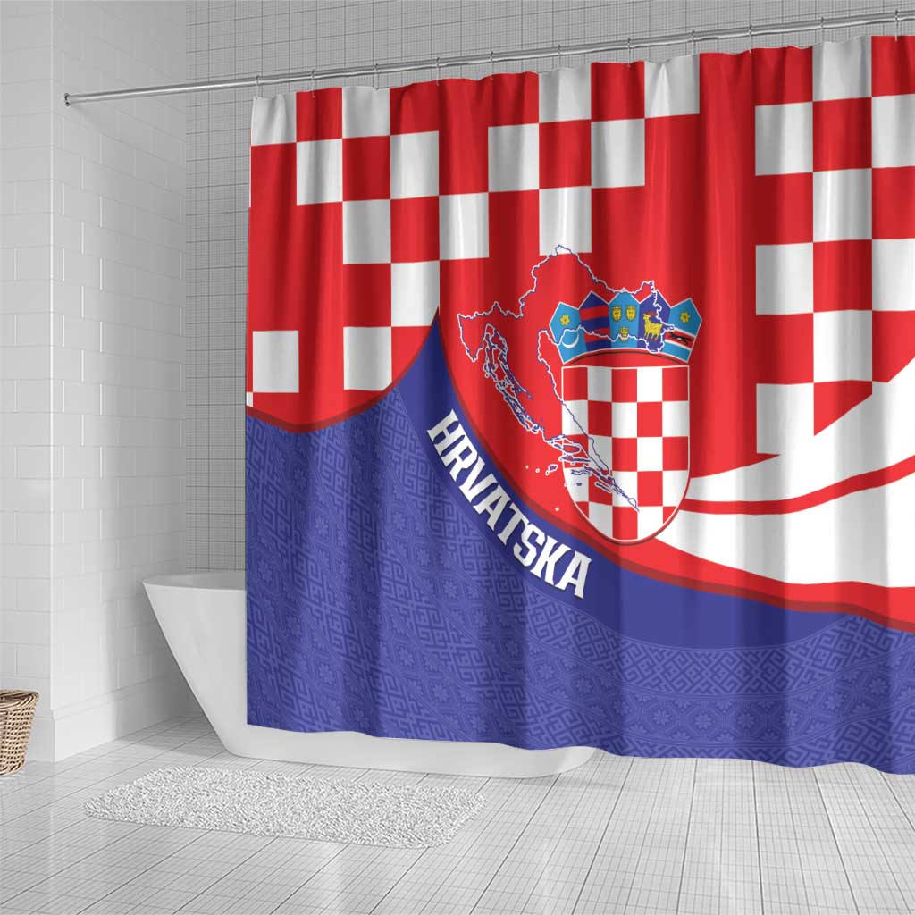 Croatia National Day Shower Curtain Hrvatska Checkerboard With Slavic Pattern LT14