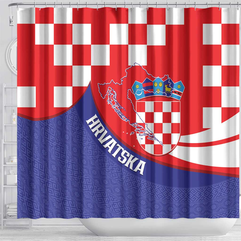 Croatia National Day Shower Curtain Hrvatska Checkerboard With Slavic Pattern LT14