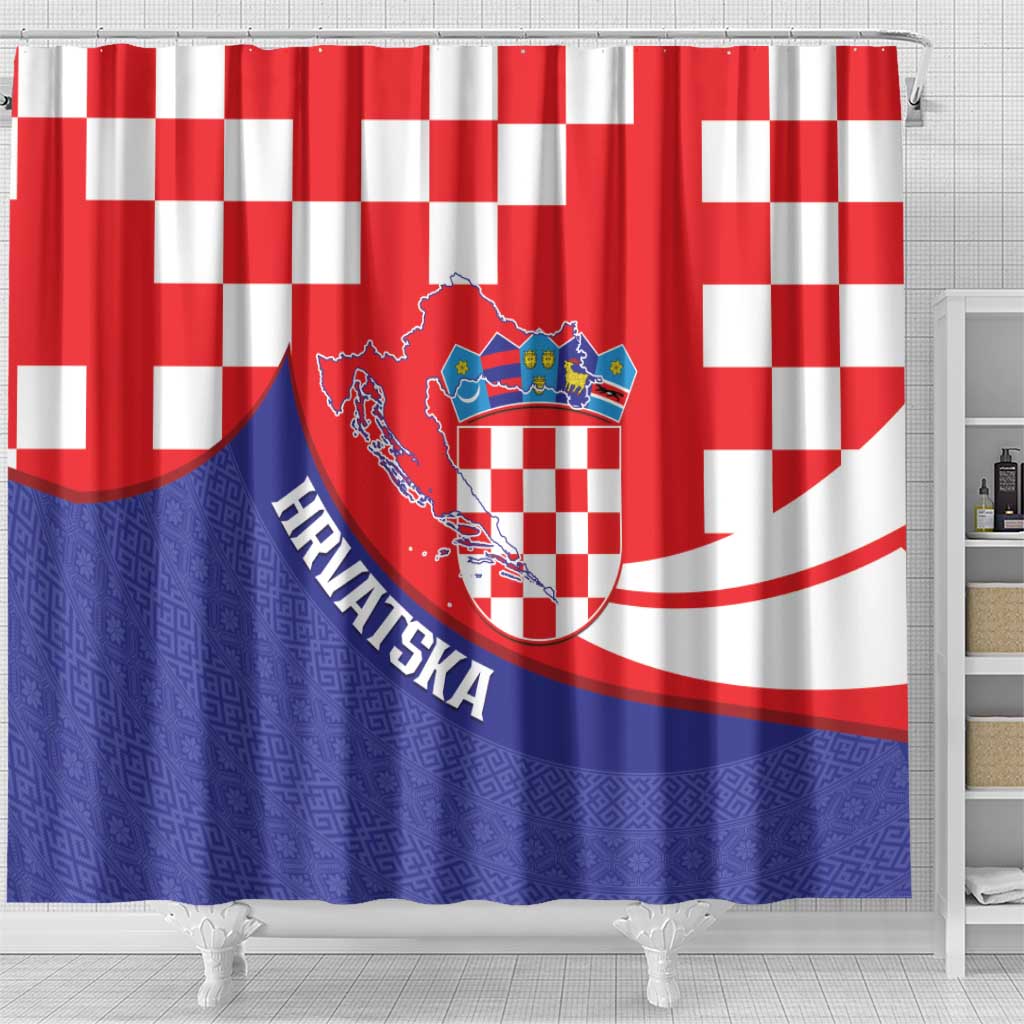 Croatia National Day Shower Curtain Hrvatska Checkerboard With Slavic Pattern LT14