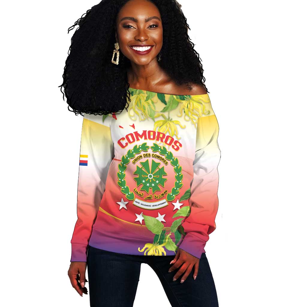 Personalized Comoros Off Shoulder Sweater Coat Of Arms Mix Ylang Ylang Flower LT14