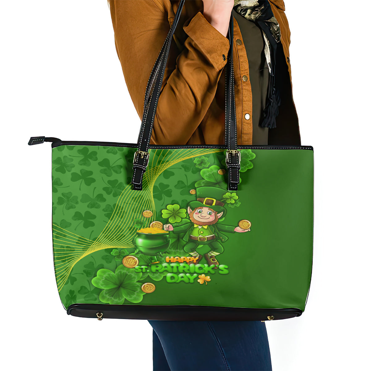 Happy St Patricks Day Leather Tote Bag 2024 Irish Shamrocks With Lucky Leprechaun LT14