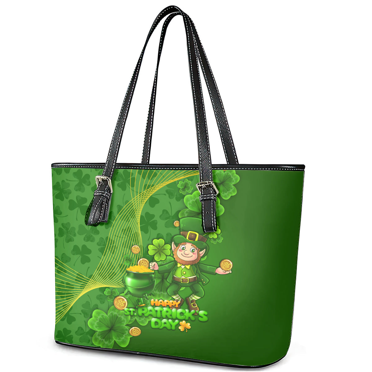 Happy St Patricks Day Leather Tote Bag 2024 Irish Shamrocks With Lucky Leprechaun LT14