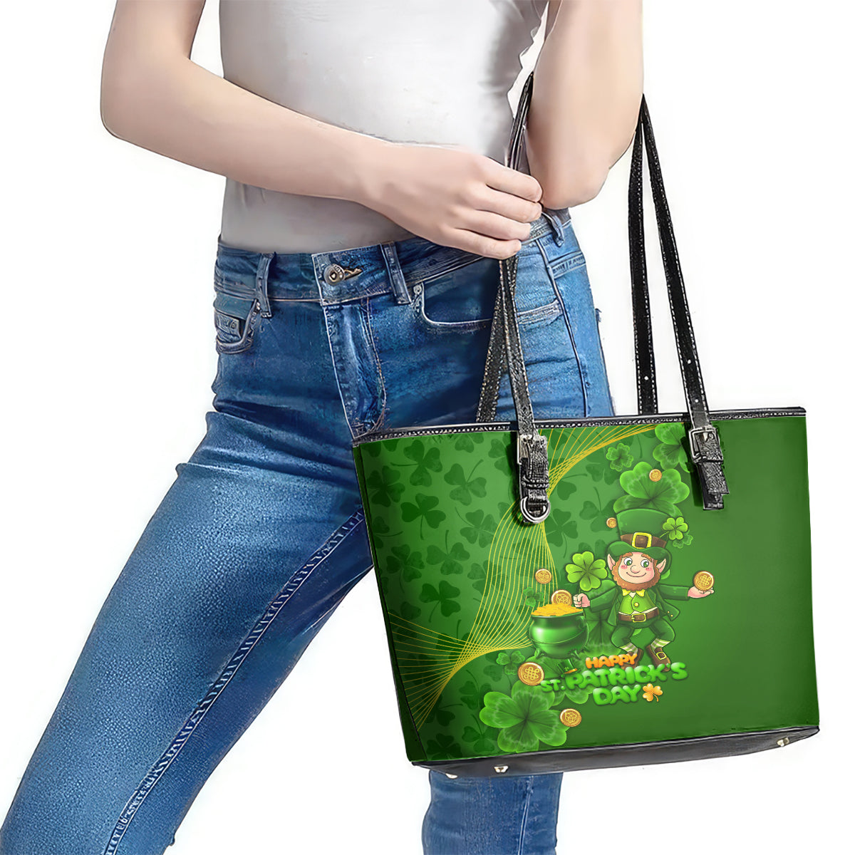 Happy St Patricks Day Leather Tote Bag 2024 Irish Shamrocks With Lucky Leprechaun LT14