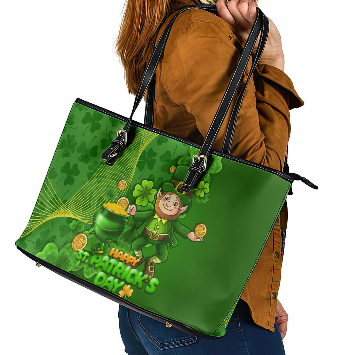 Happy St Patricks Day Leather Tote Bag 2024 Irish Shamrocks With Lucky Leprechaun LT14