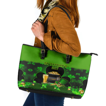Happy St Patricks Day Leather Tote Bag La Fheile Padraig Shamrock Style LT14