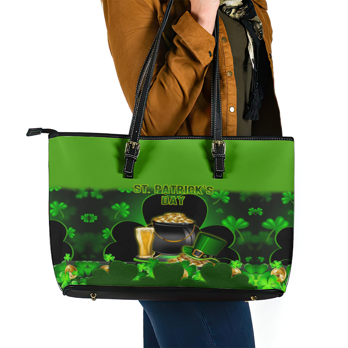Happy St Patricks Day Leather Tote Bag La Fheile Padraig Shamrock Style LT14