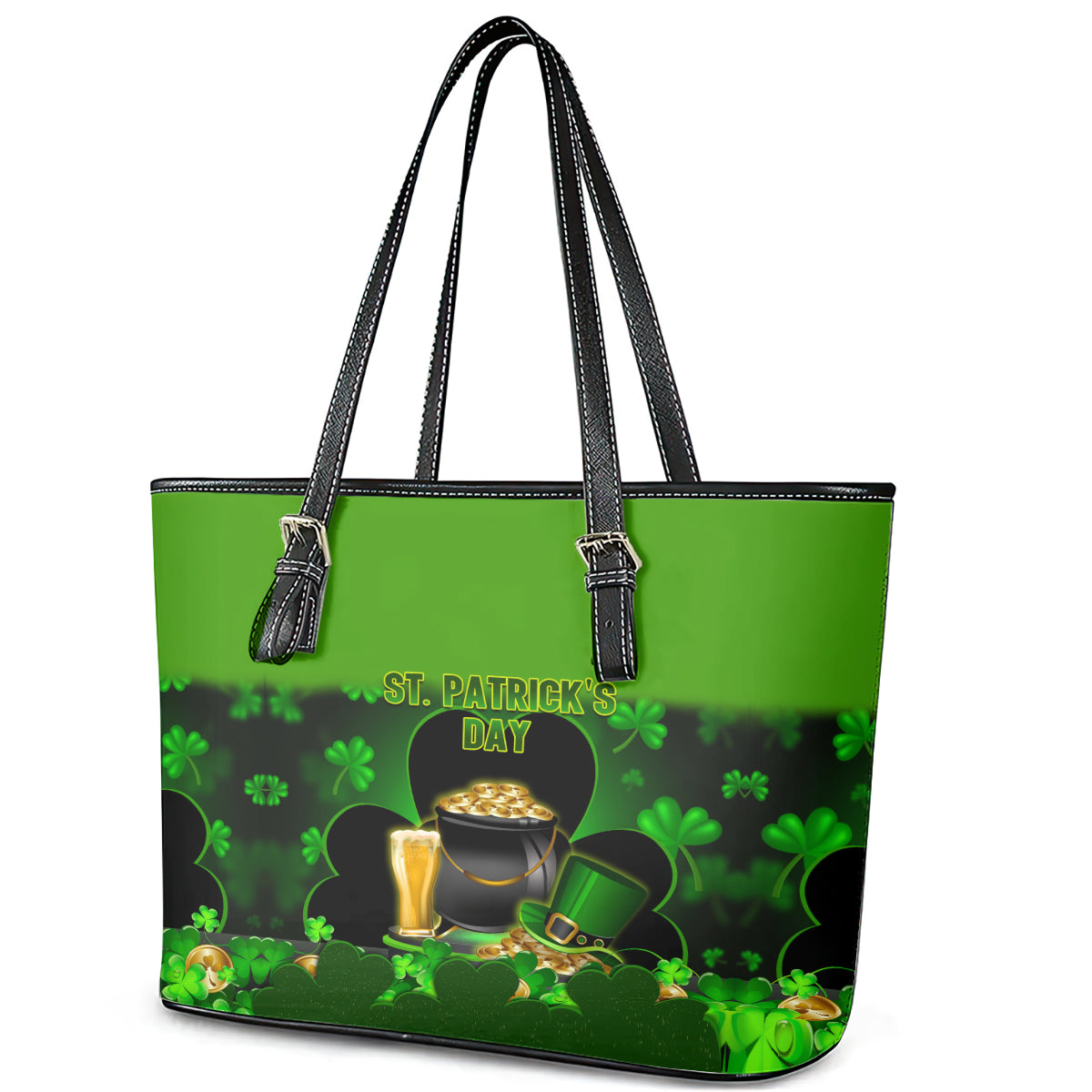 Happy St Patricks Day Leather Tote Bag La Fheile Padraig Shamrock Style LT14