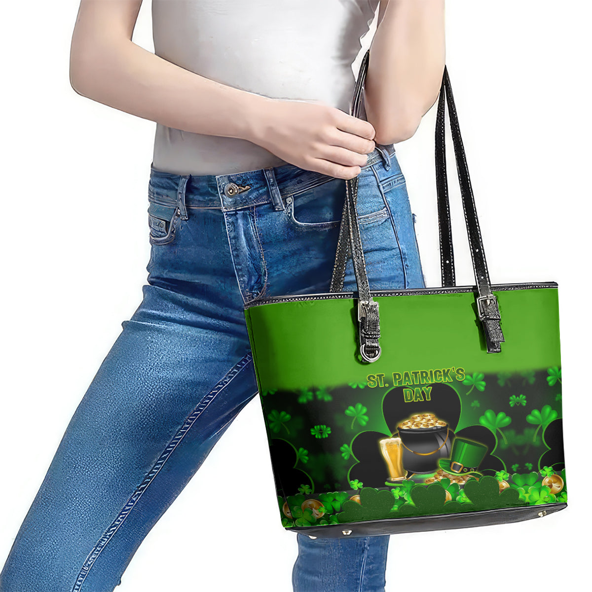 Happy St Patricks Day Leather Tote Bag La Fheile Padraig Shamrock Style LT14