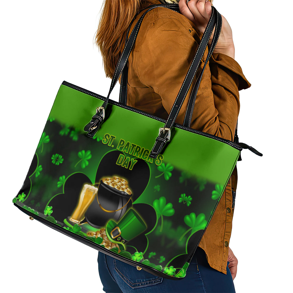 Happy St Patricks Day Leather Tote Bag La Fheile Padraig Shamrock Style LT14