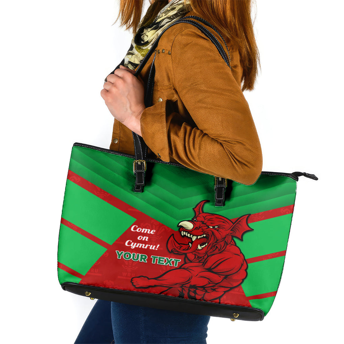 Custom Wales Rugby Leather Tote Bag 2024 Six Nations Come On Cymru Mascot Sporty LT14