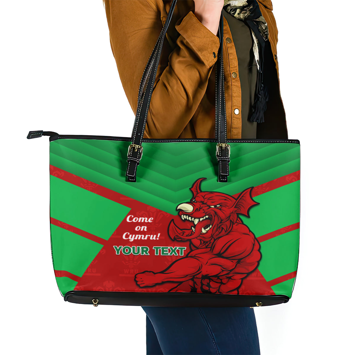 Custom Wales Rugby Leather Tote Bag 2024 Six Nations Come On Cymru Mascot Sporty LT14