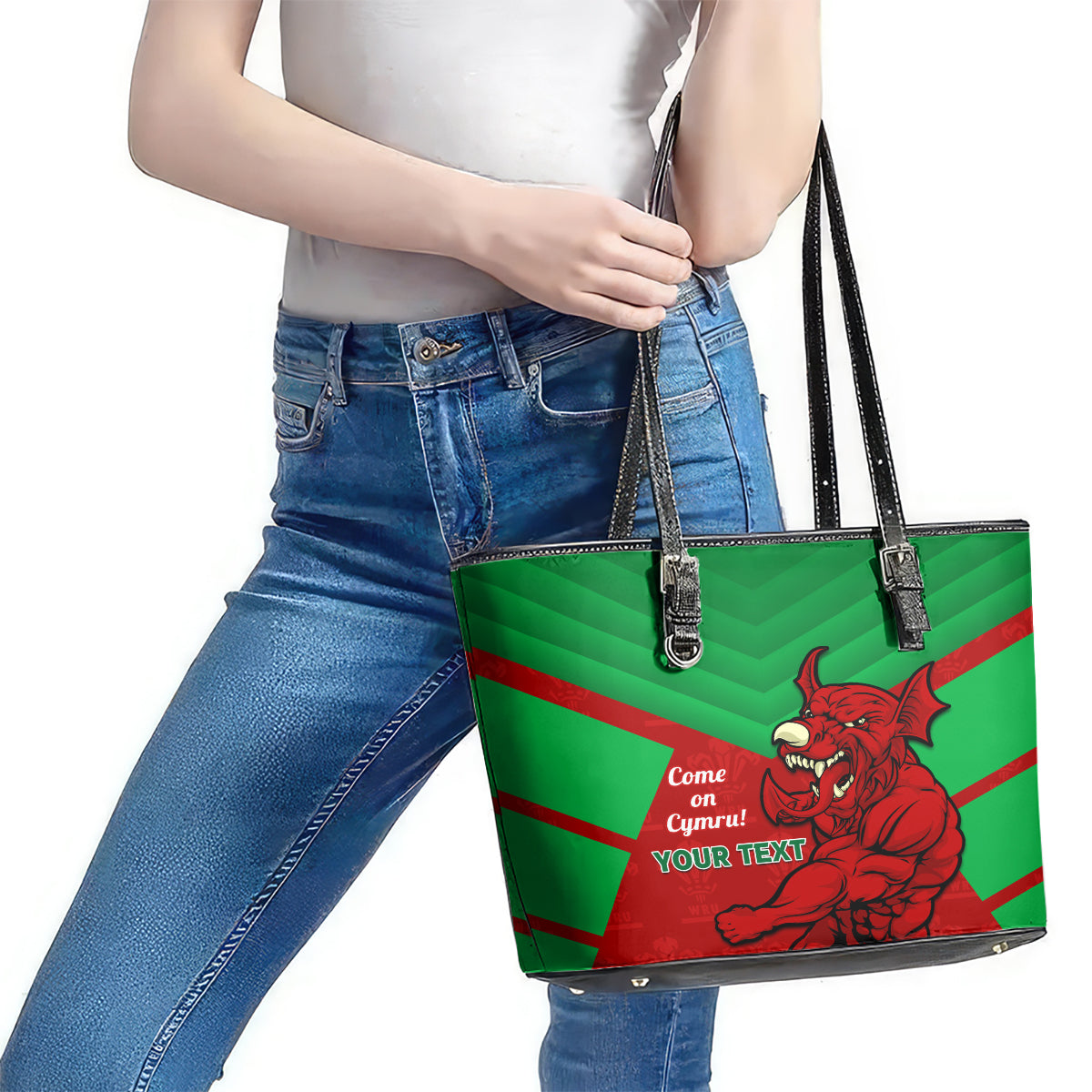 Custom Wales Rugby Leather Tote Bag 2024 Six Nations Come On Cymru Mascot Sporty LT14