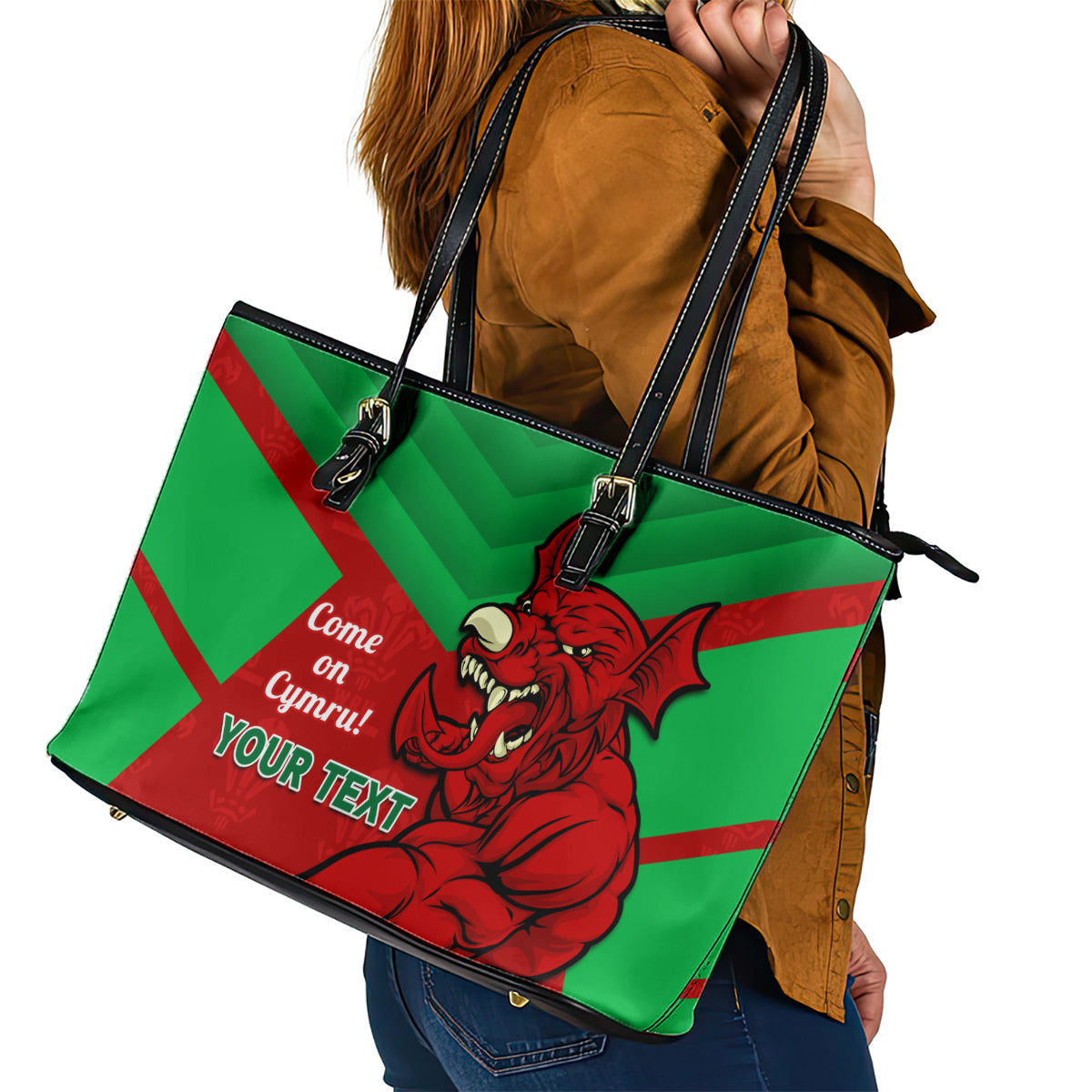 Custom Wales Rugby Leather Tote Bag 2024 Six Nations Come On Cymru Mascot Sporty LT14