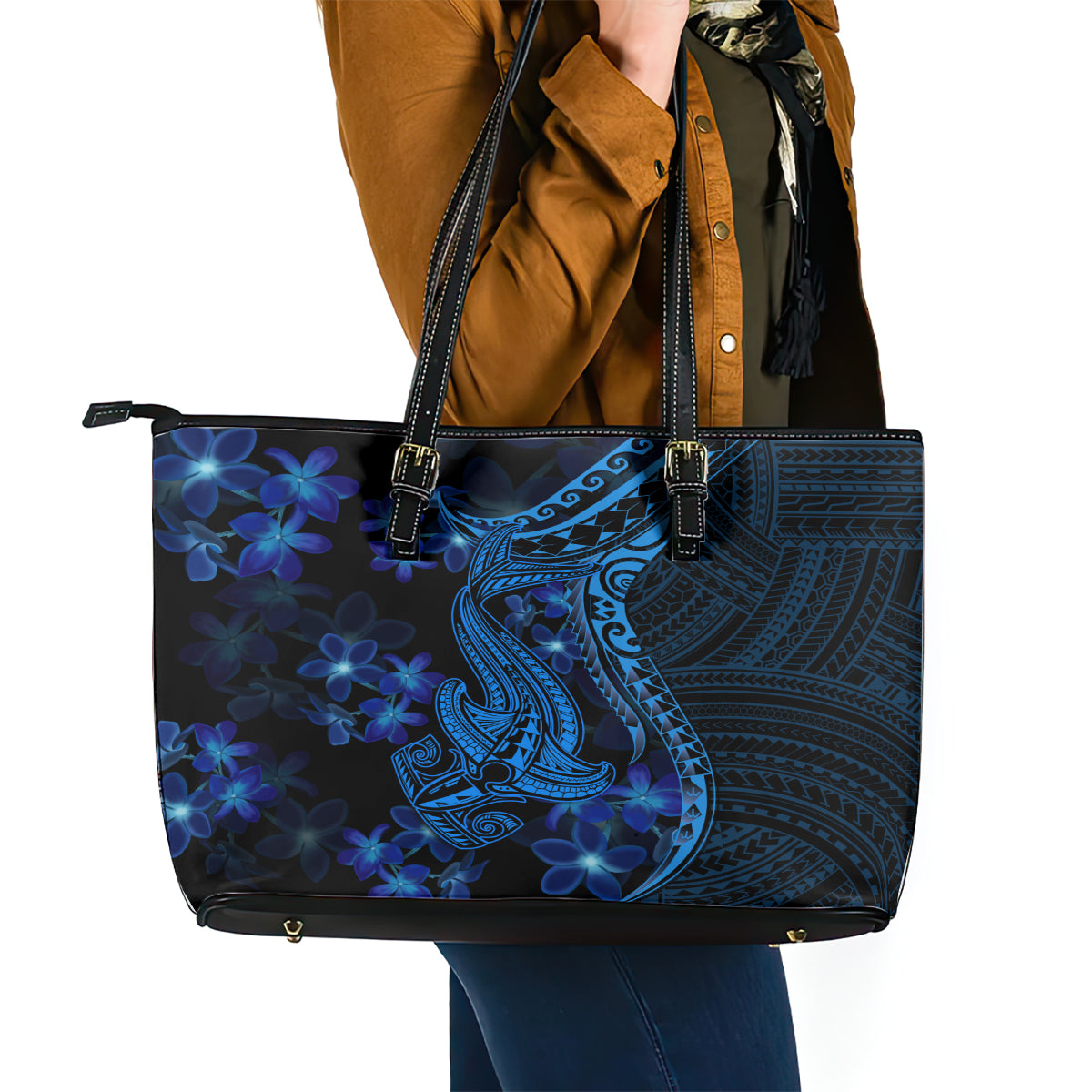 Blue Polynesia Shark Tattoo Leather Tote Bag With Polynesian Plumeria LT14