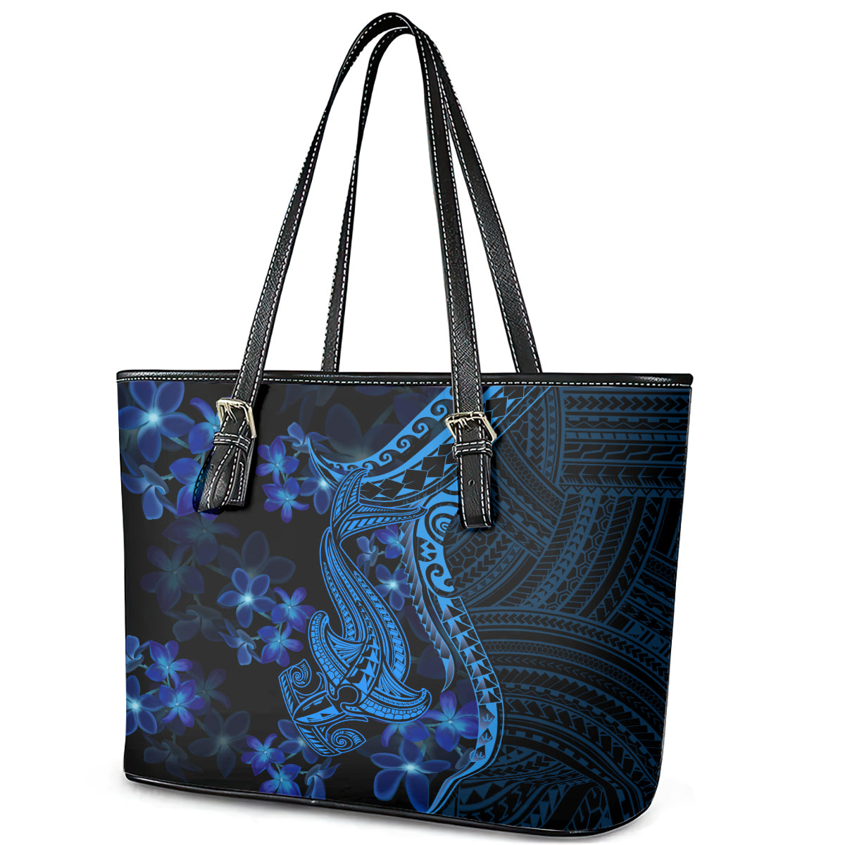 Blue Polynesia Shark Tattoo Leather Tote Bag With Polynesian Plumeria LT14