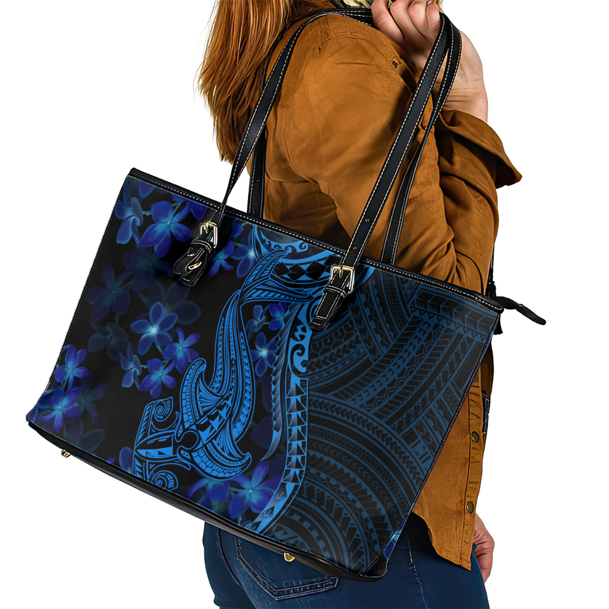 Blue Polynesia Shark Tattoo Leather Tote Bag With Polynesian Plumeria LT14