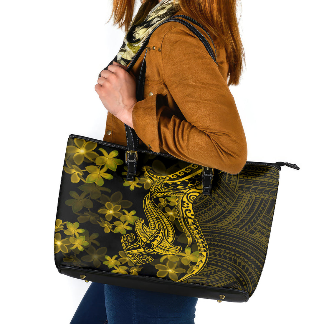 Gold Polynesia Shark Tattoo Leather Tote Bag With Polynesian Plumeria LT14