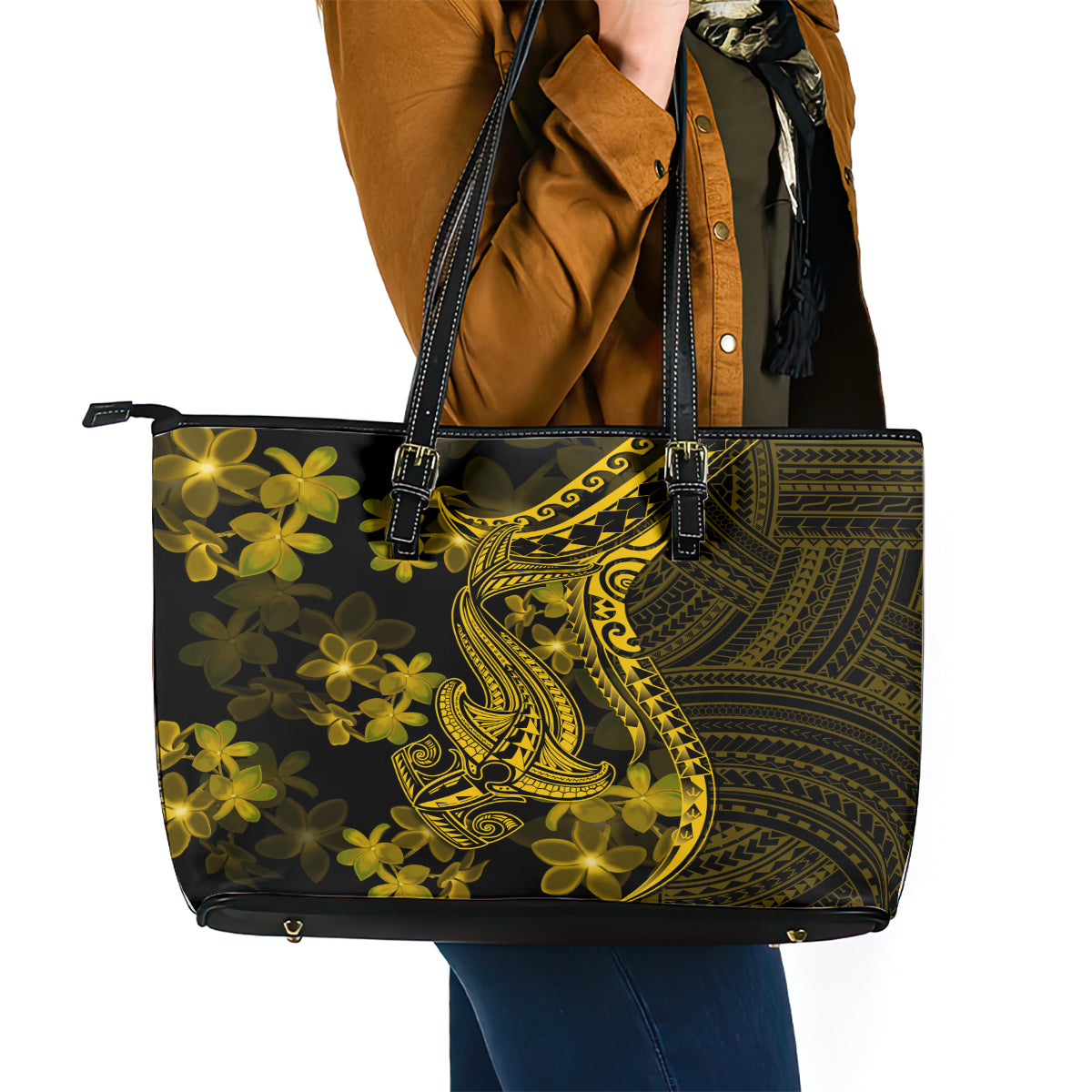 Gold Polynesia Shark Tattoo Leather Tote Bag With Polynesian Plumeria LT14