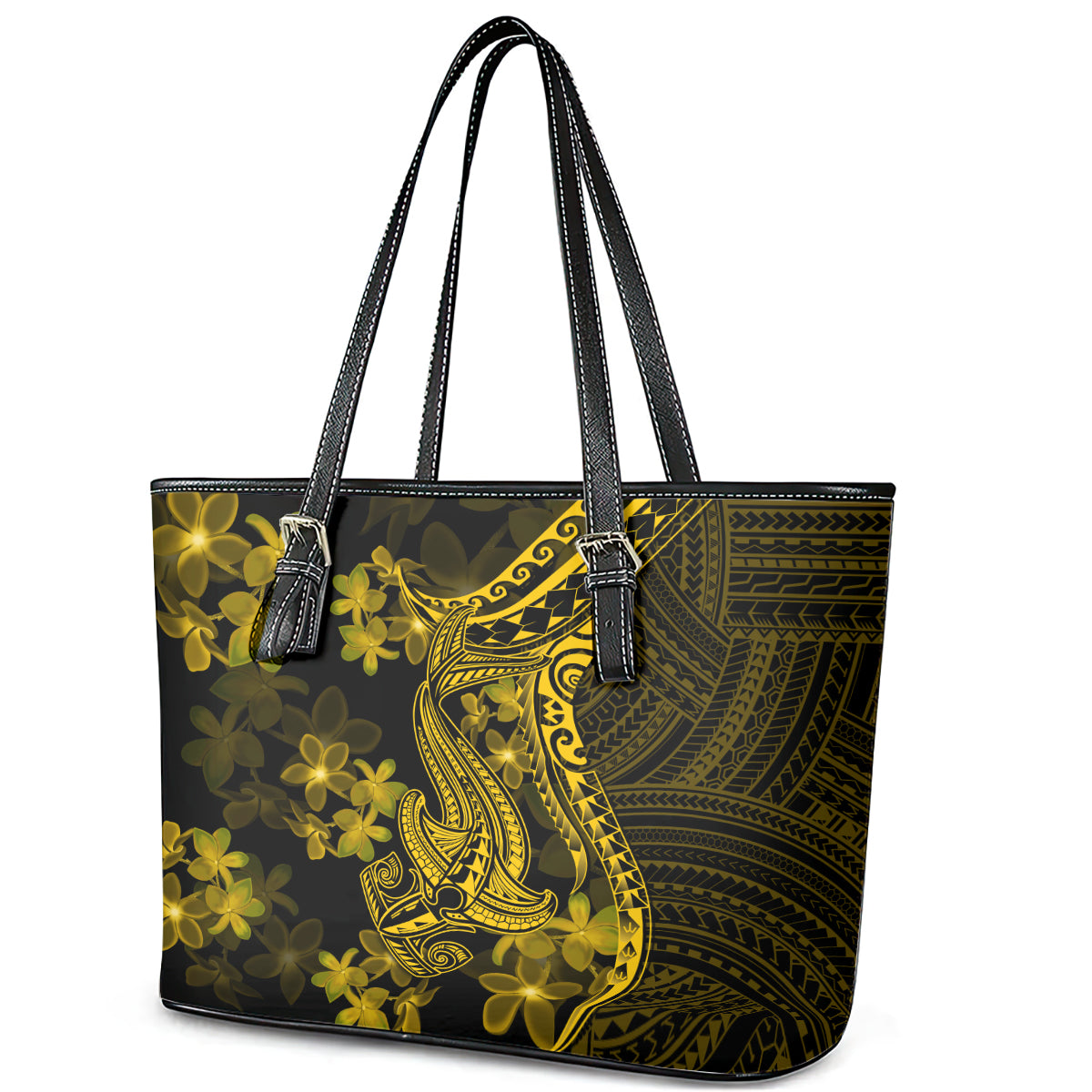 Gold Polynesia Shark Tattoo Leather Tote Bag With Polynesian Plumeria LT14