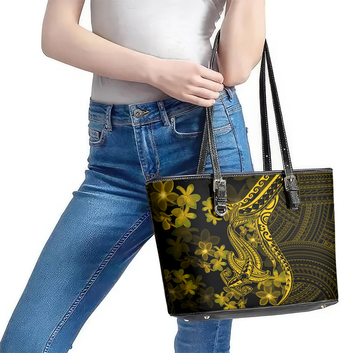 Gold Polynesia Shark Tattoo Leather Tote Bag With Polynesian Plumeria LT14