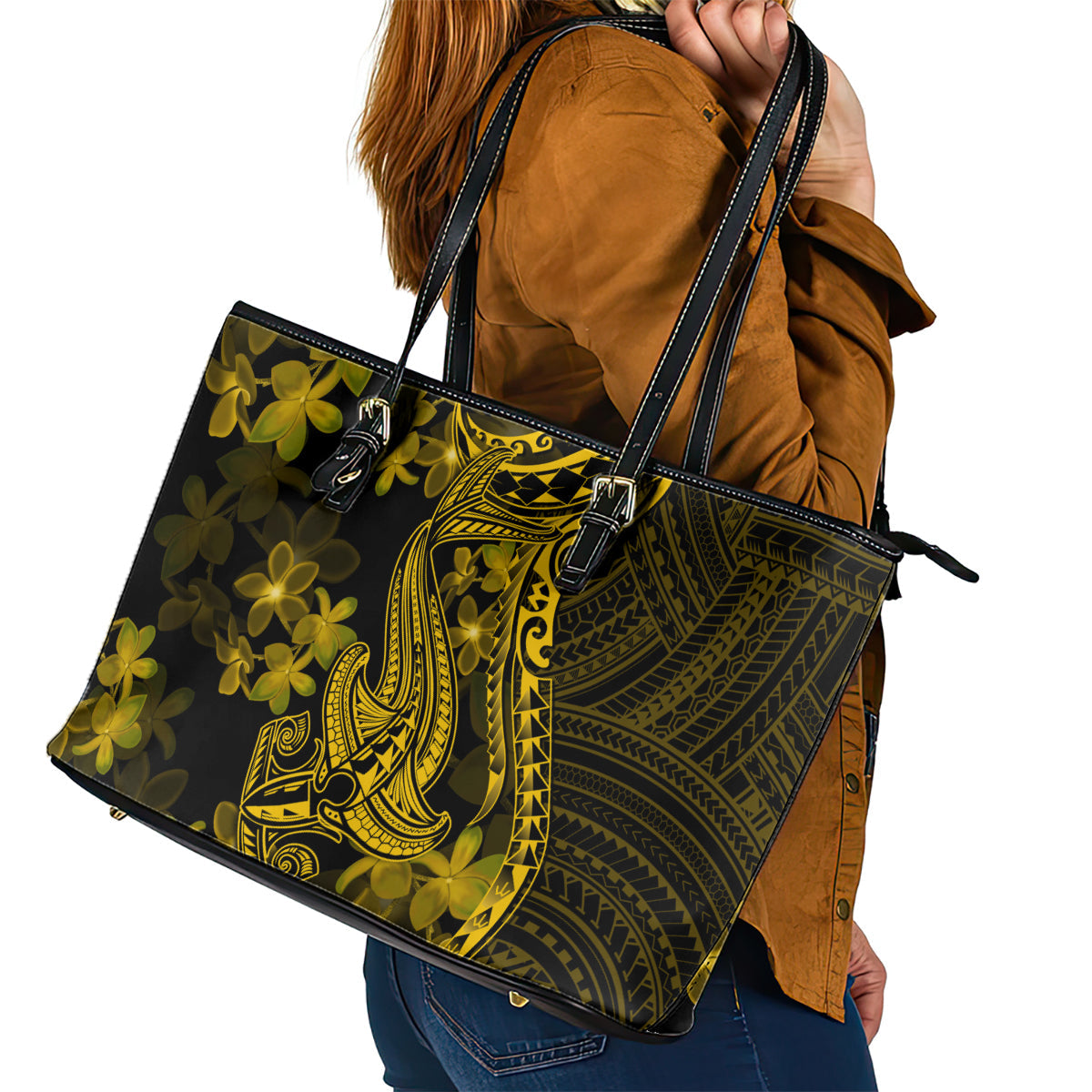 Gold Polynesia Shark Tattoo Leather Tote Bag With Polynesian Plumeria LT14