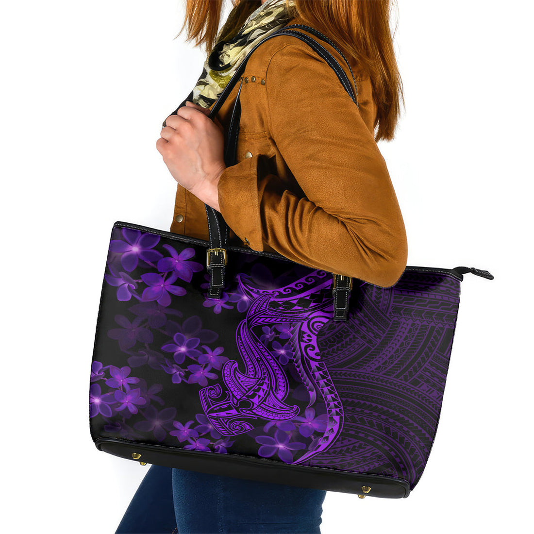Purple Polynesia Shark Tattoo Leather Tote Bag With Polynesian Plumeria LT14