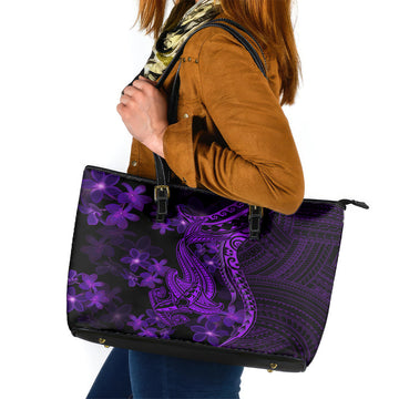 Purple Polynesia Shark Tattoo Leather Tote Bag With Polynesian Plumeria LT14
