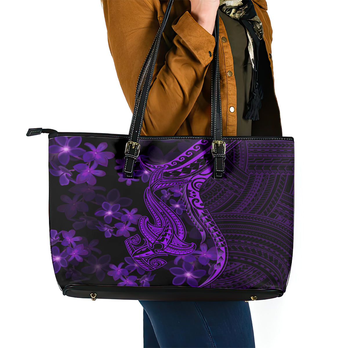 Purple Polynesia Shark Tattoo Leather Tote Bag With Polynesian Plumeria LT14