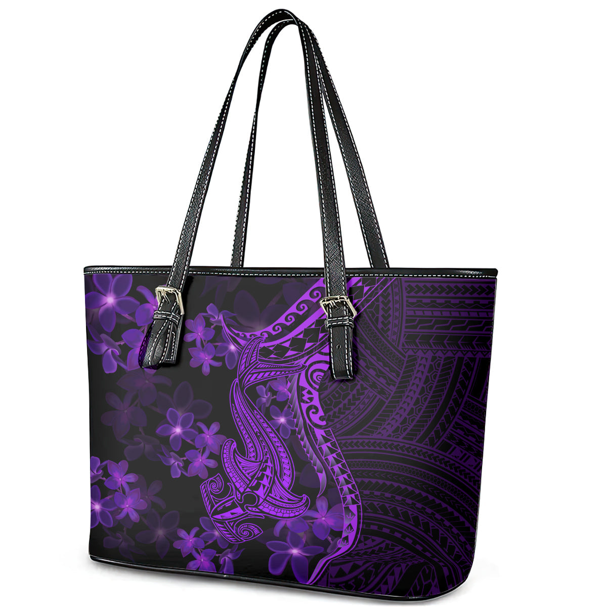 Purple Polynesia Shark Tattoo Leather Tote Bag With Polynesian Plumeria LT14