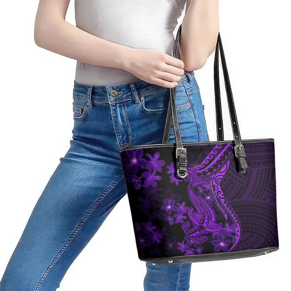 Purple Polynesia Shark Tattoo Leather Tote Bag With Polynesian Plumeria LT14