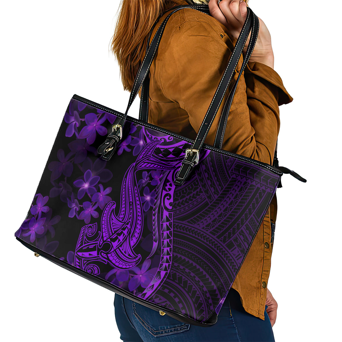 Purple Polynesia Shark Tattoo Leather Tote Bag With Polynesian Plumeria LT14