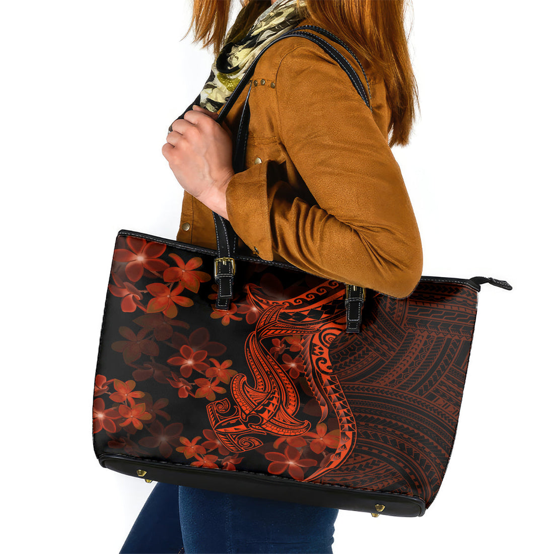 Red Polynesia Leather Tote Bag Shark Tattoo With Polynesian Plumeria LT14