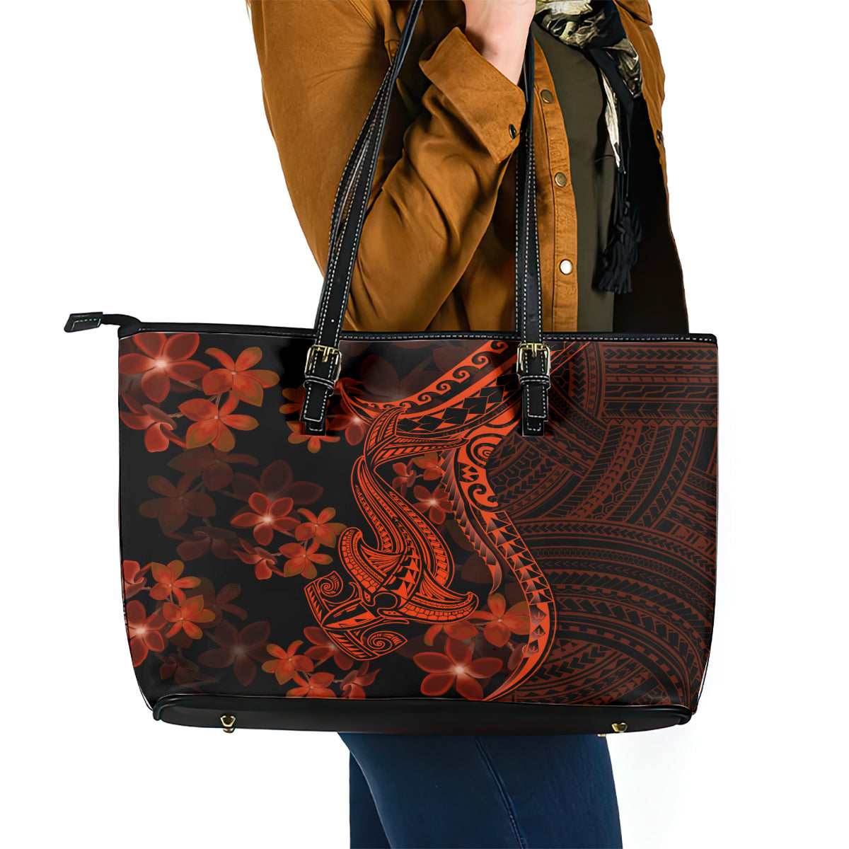 Red Polynesia Leather Tote Bag Shark Tattoo With Polynesian Plumeria LT14