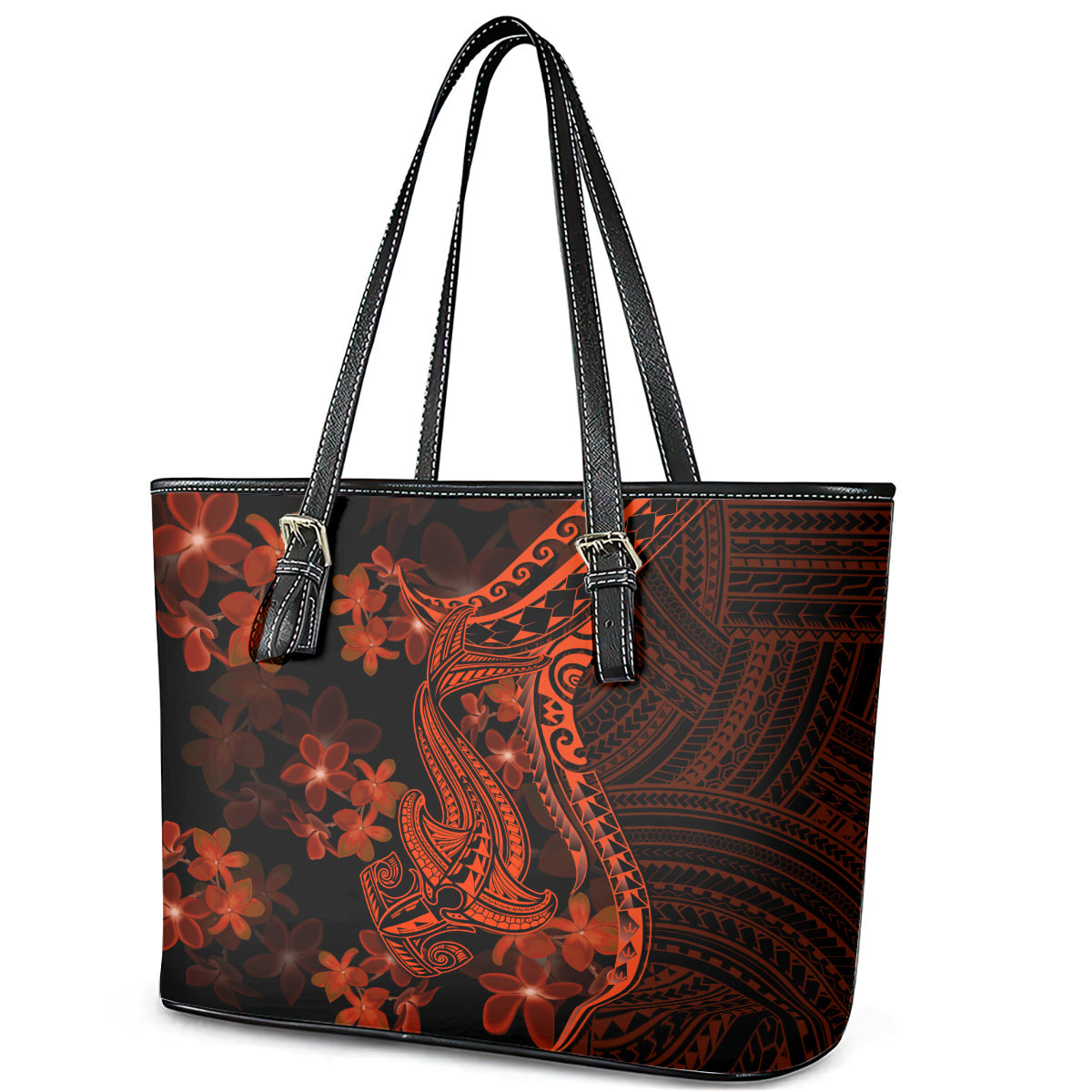 Red Polynesia Leather Tote Bag Shark Tattoo With Polynesian Plumeria LT14