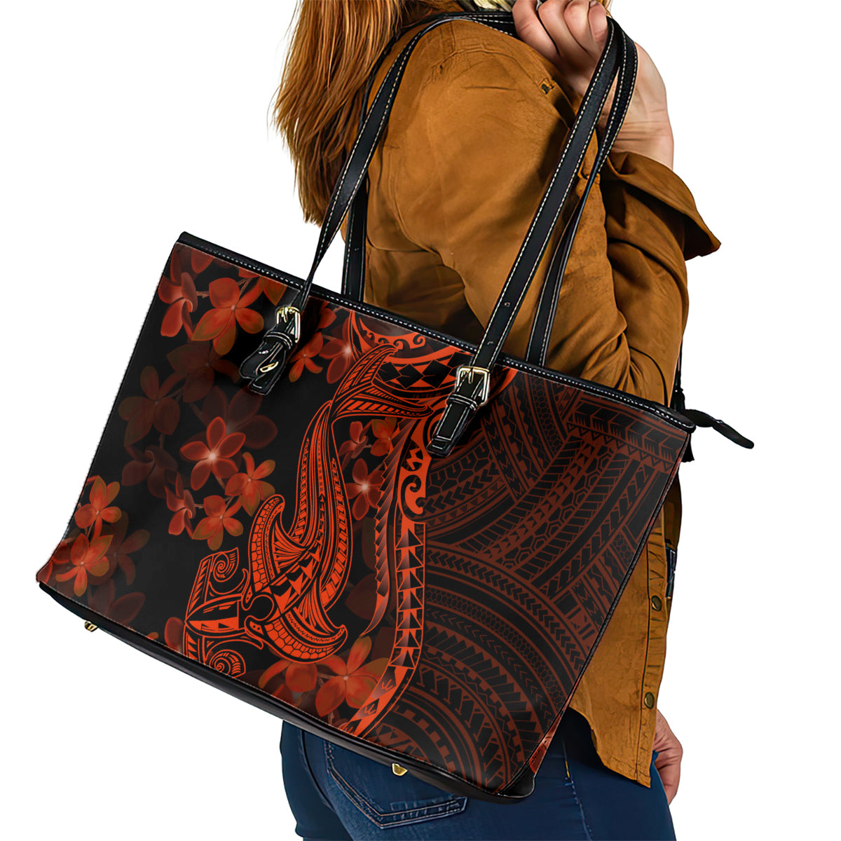 Red Polynesia Leather Tote Bag Shark Tattoo With Polynesian Plumeria LT14