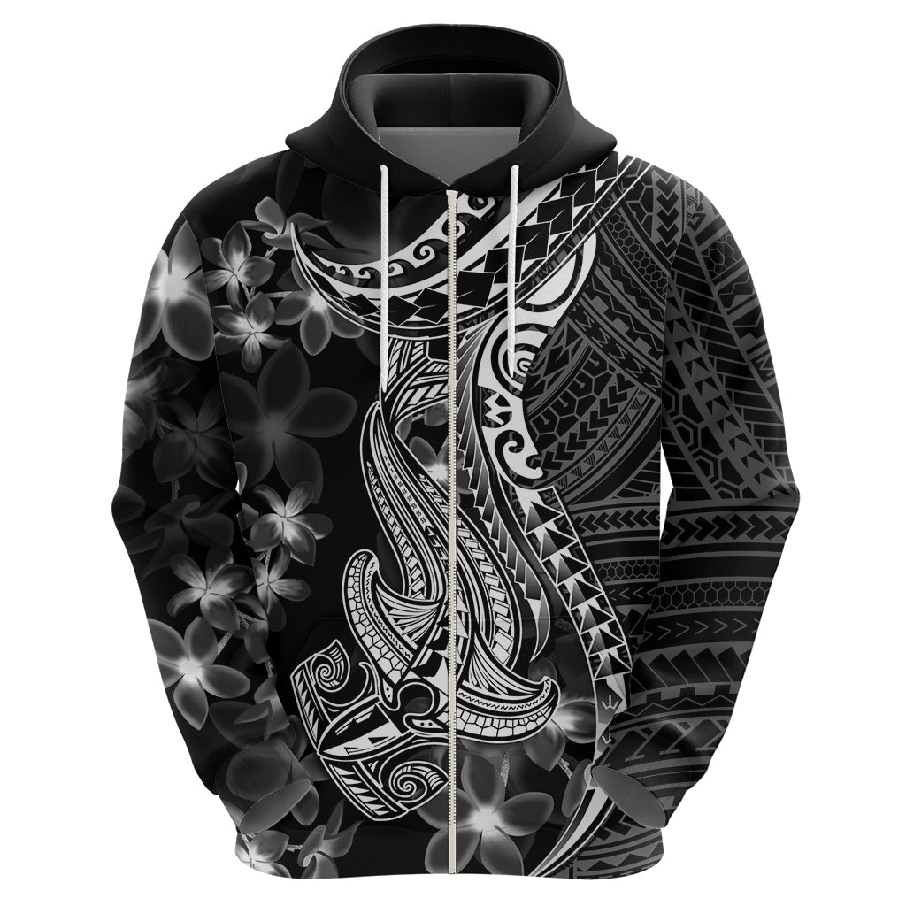 Black Polynesia Hoodie Shark Tattoo With Polynesian Plumeria LT14