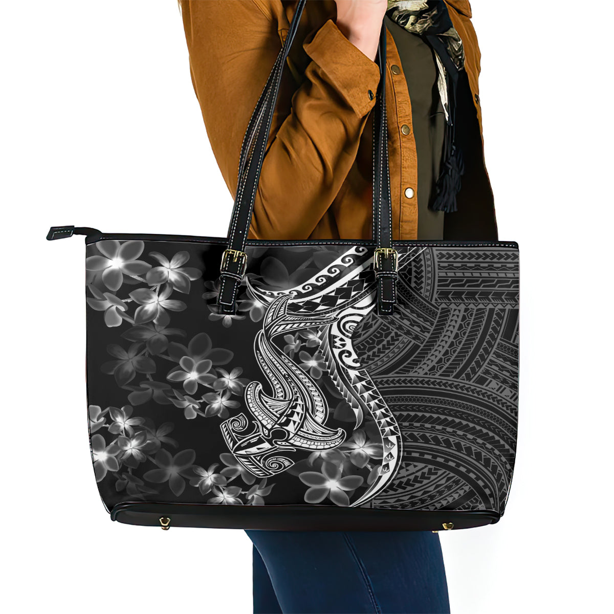 Black Polynesia Leather Tote Bag Shark Tattoo With Polynesian Plumeria LT14