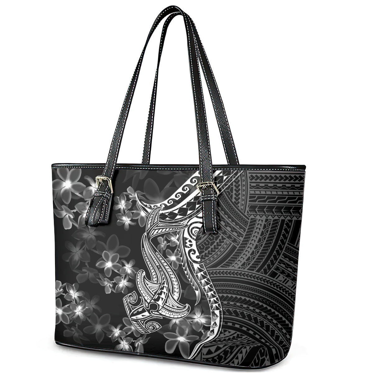 Black Polynesia Leather Tote Bag Shark Tattoo With Polynesian Plumeria LT14